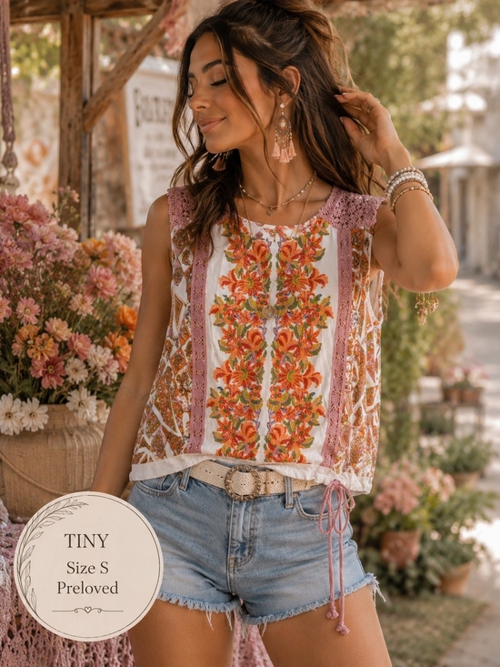 Tiny Tops - TINY Embroidered Boho Floral Crochet Trim Top Size S